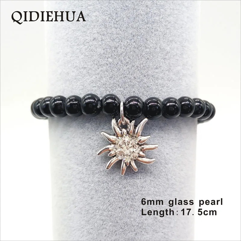 QIDIEHUA Fashion 6mm Glass Pearl Braceletl for Women Edelweiss Pendant Bracelets Multicolor Trend Gift Jewelry