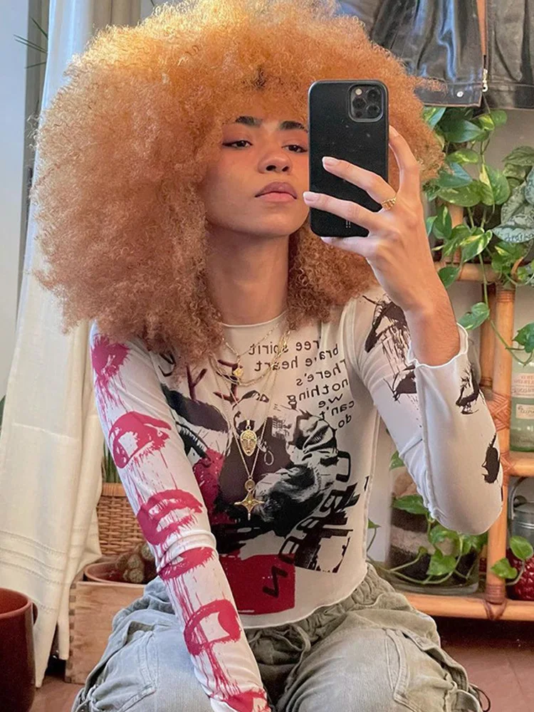 Women's Gothic Graphic Print Crop Top with Sheer Long Sleeves and Y2K Accessories