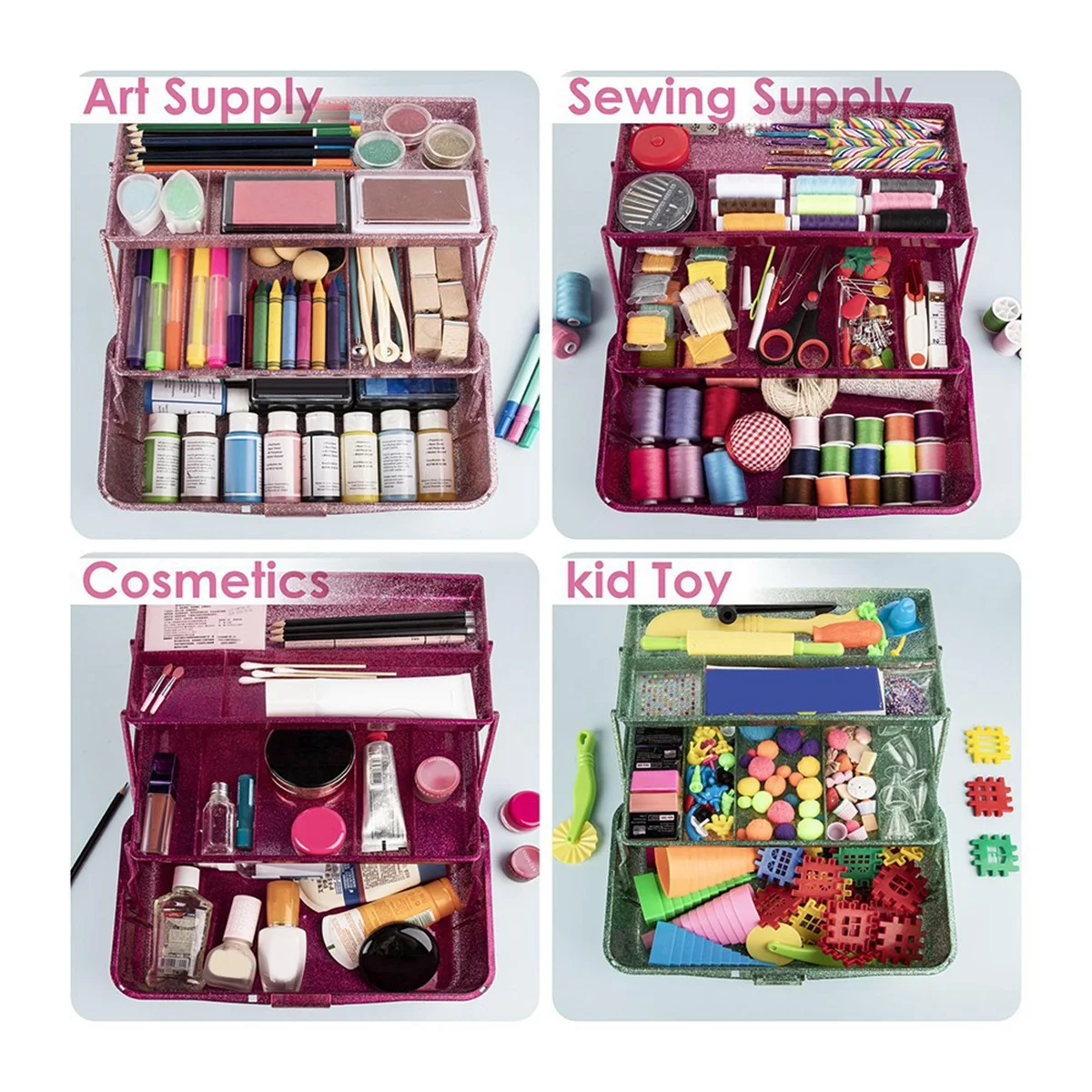 JHD Glitter Pink & Craft Tool Storage Box,3-Layer Stackable Carry Tackle Box Sewing Box Organizer for Art 2