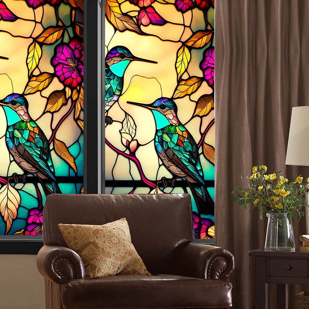 Description Picture 3 of itemColorful Retro Flower Birds Window Glass Electrostatic Stickers Removable Window Privacy Stained Decorative Film for Home Office