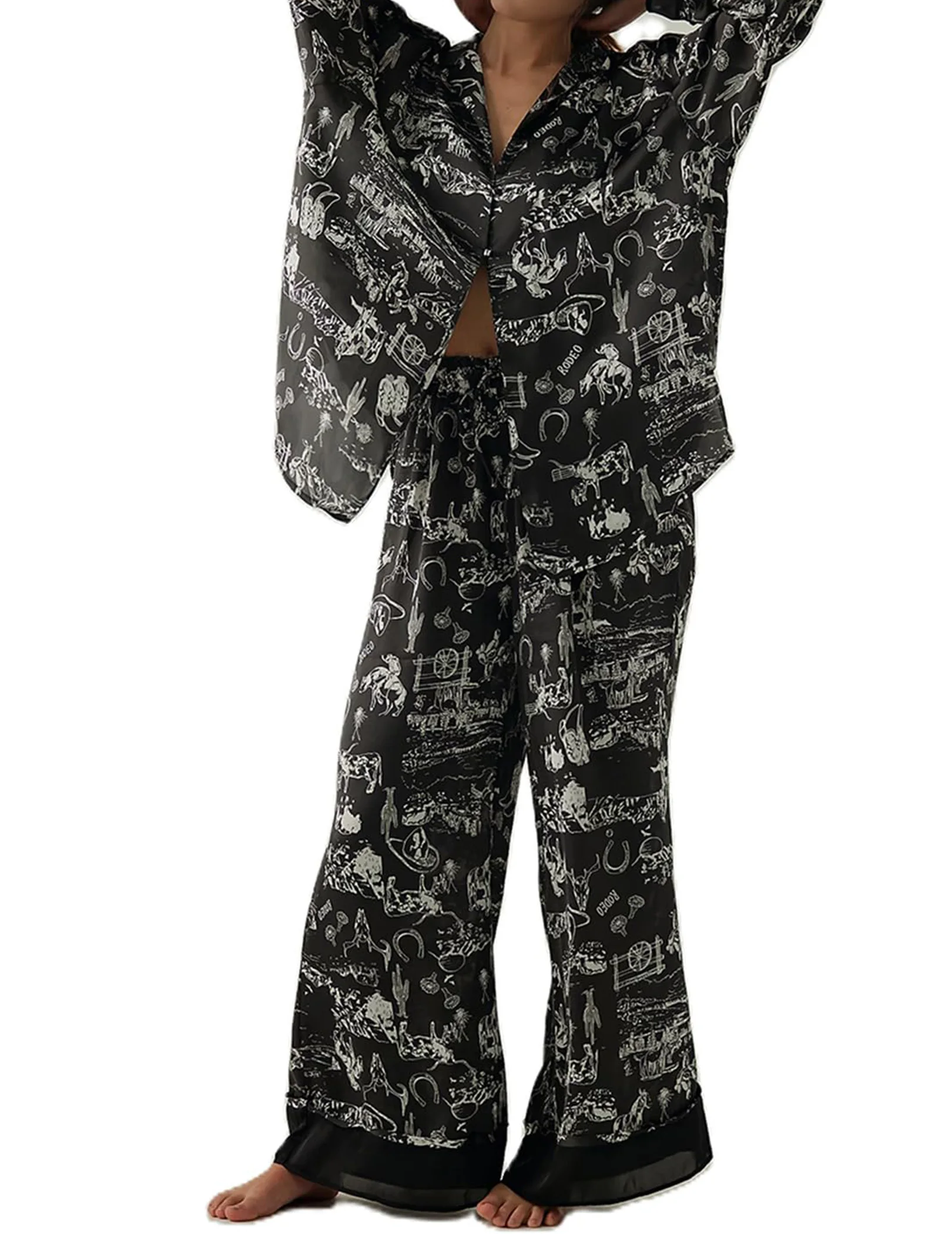 Women Satin Pajama Set Floral Silk Lounge Sleepwear