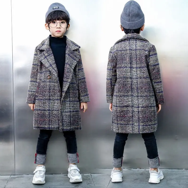 

2023 Handsome New Boys Woolen Coats Autumn Winter Turn-down Collar Plaid Full Sleeves Jackets Thicken Warm Mid-Length Outerwear