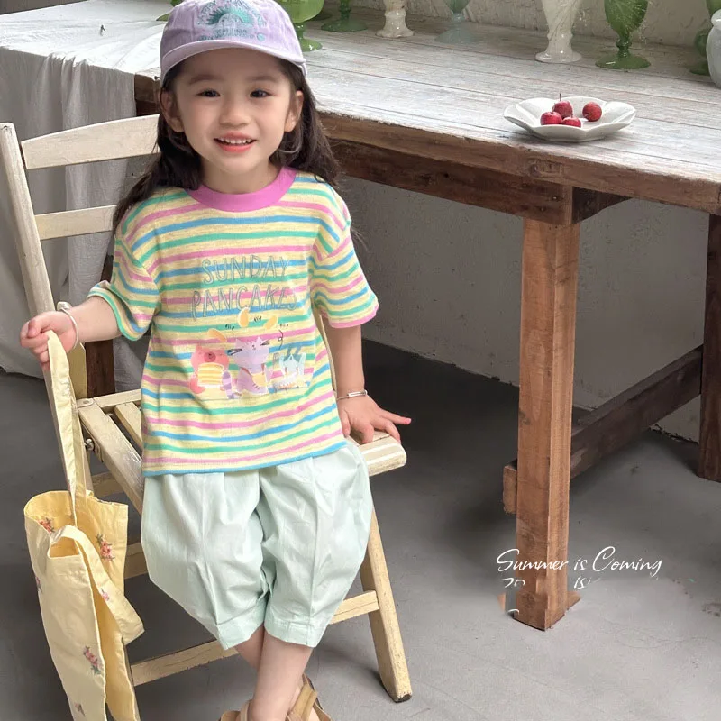 

Summer Children Girl 2pcs Clothes Set Loose Streak Short Sleeve Shirt Solid Ventilate Pants Baby Girl Outfits Little Girls Suits