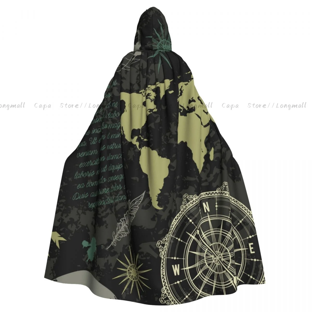 

Vintage Compass World Map And Wind Rose Hooded Cloak Coat Halloween Cosplay Costume Vampire Devil Wizard Cape Gown Party