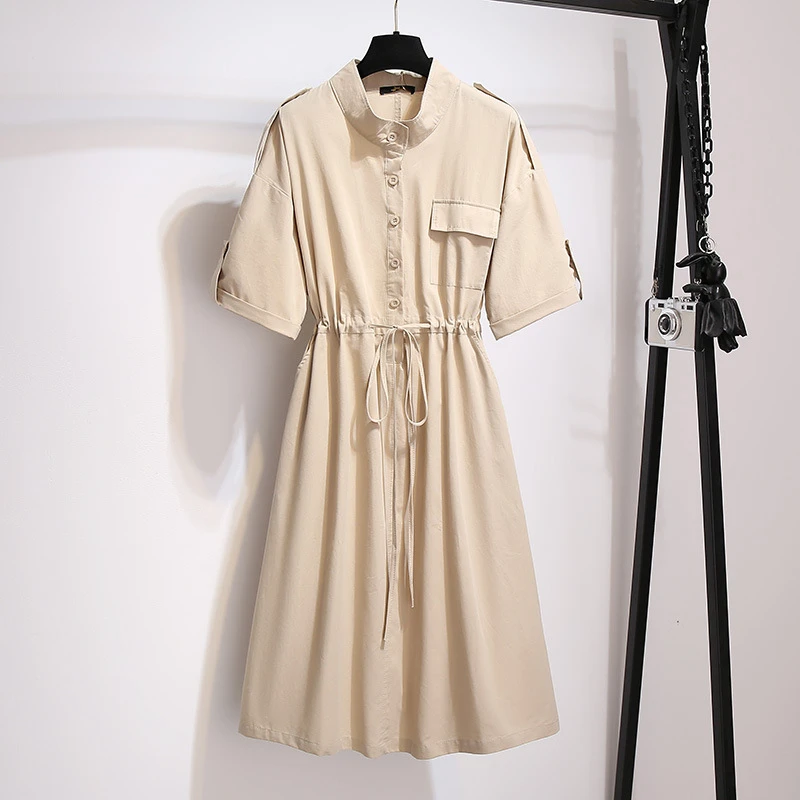 150Kg Plus Size Women's Summer Loose Cotton Shirt Dress Bust 152cm 5XL 6XL 7XL 8XL 9XL Temperament Waist Dress Black Khaki