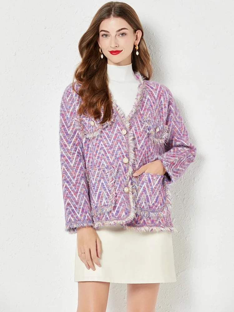 

New Tassel Fringed Trims Argyle Mink Cashmere Knitted Cardigan Women V Neck Pockets Thick Warm Sweater Jacket Coat