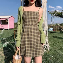 

Dress Only Spring 2020 Korean new foreign style versatile avocado fruit green retro plaid dress short women plaid dress