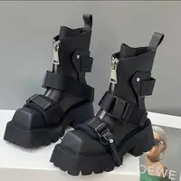 2025 Women Top Layer Cowhide Female Square Toe Western Front Zipper Color Matching Thick Bottom Belt Buckle Booties Chelsea - Image 4