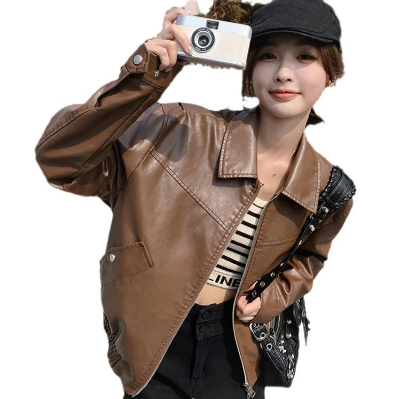 Brown Leather Jacket Short Motorcycle PU Leather Casual and Fashionable Loose Fitting Jacket