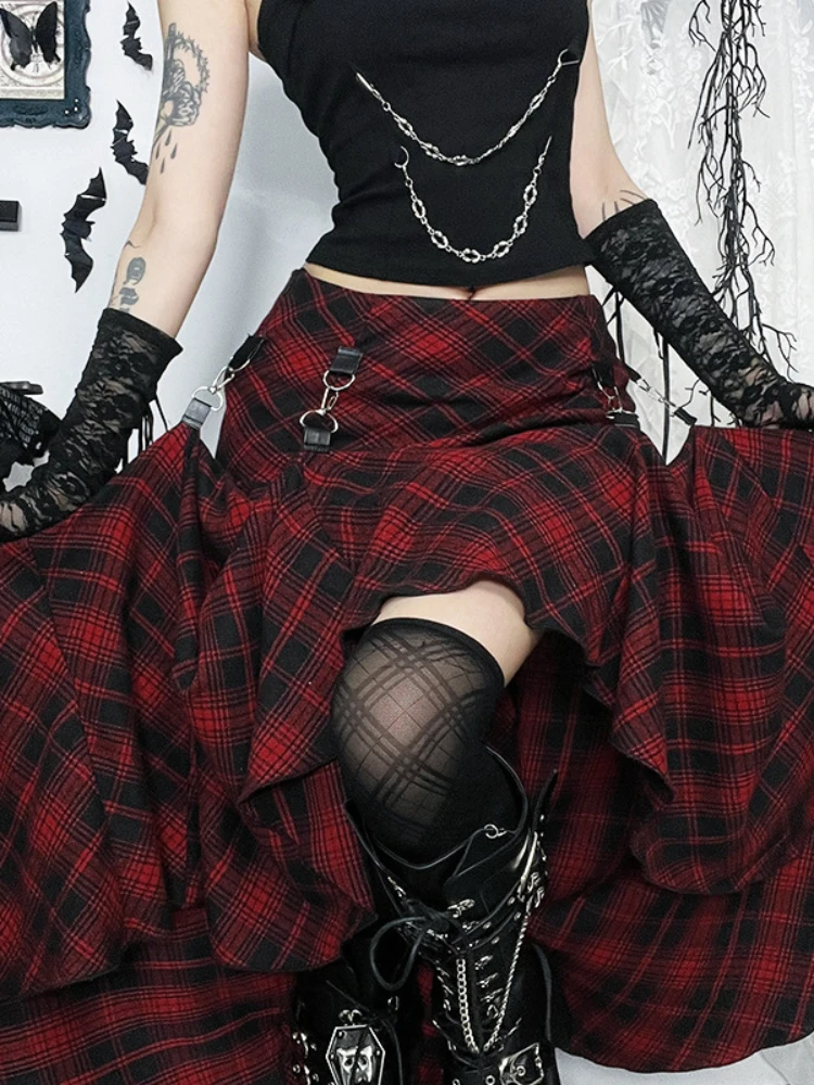 AltGoth Harajuku Dark Gothic Red Plaid Skirt Women Streetwear Y2k
