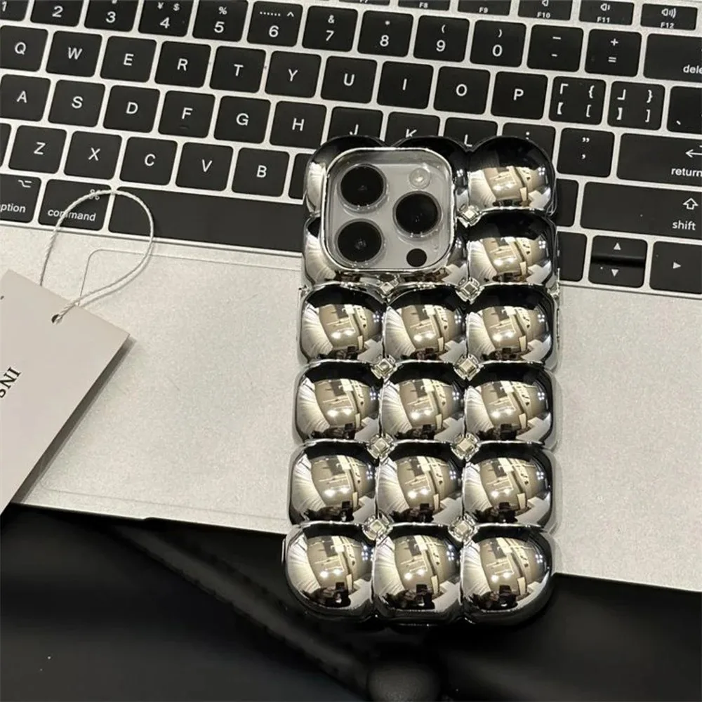 Luxury Stylish 3D Grid Plating Silver Case - Creative Cartoon Shockproof Matte Cover