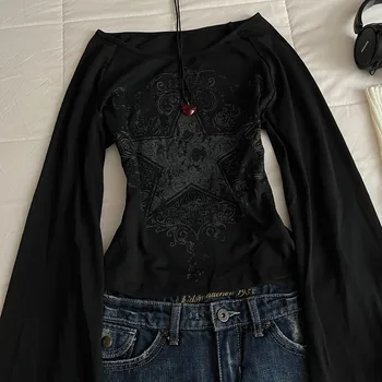 Y2K Grunge Emo Pattern Top Suitable for Autumn E-Girls Millennium Style Women's Aesthetic Gothic Printed Loose Long Sleeve T-shi 1