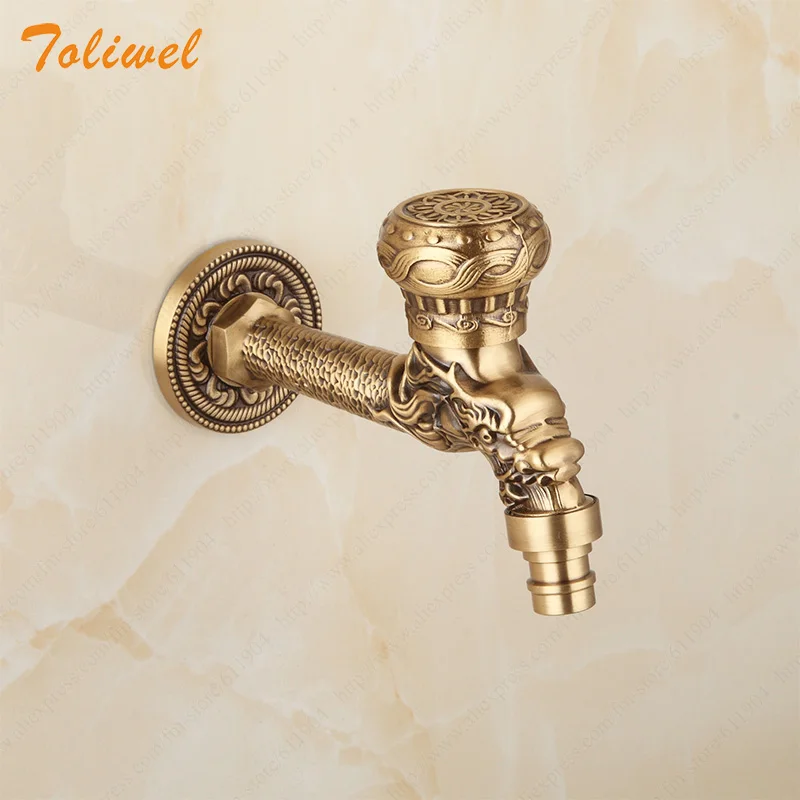 Carved Wall Mount Bibcock Brass Retro Tap Decorative Outdoor Garden Taps Washing Machine Mop Luxury Antique WC Faucet 2610061L