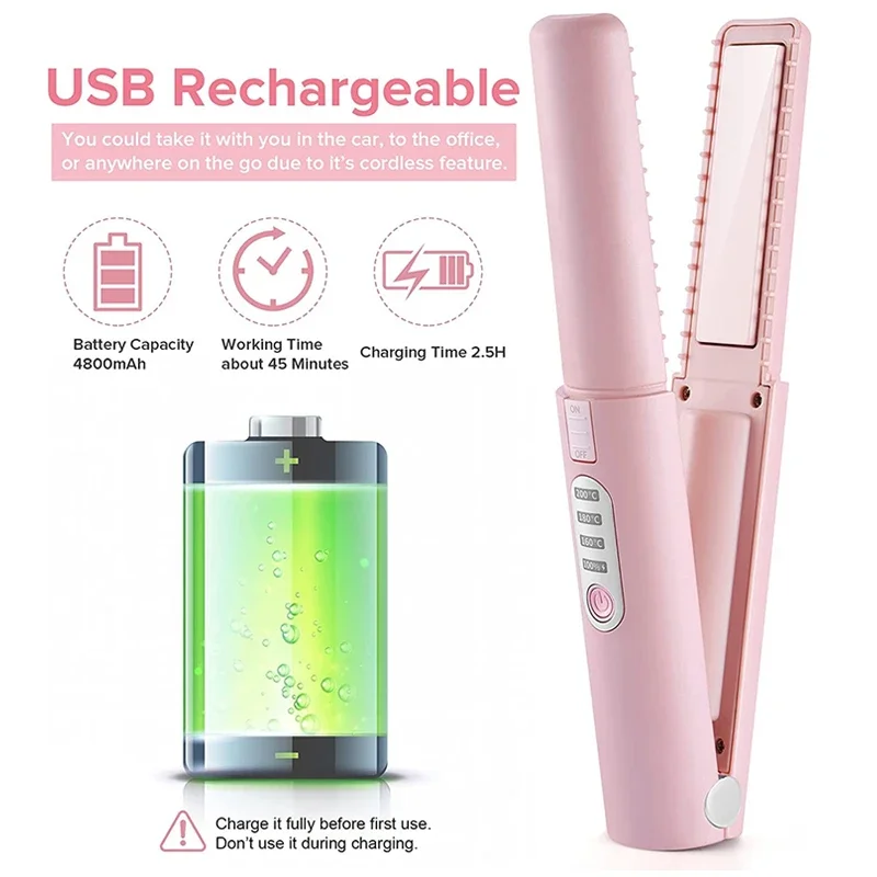 2-IN-1 Cordless Electric Heating Hair Straightener Rechargeable Travel Double Use Straight Hair Straightener And Curling Iron