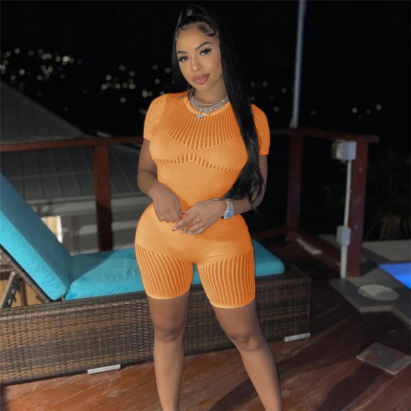 Women Sexy Jumpsuit Rompers  One Piece Bodysuit Rib Mesh See Through Midnight Playsuits O-neck Straps Skinny Spring Outfits