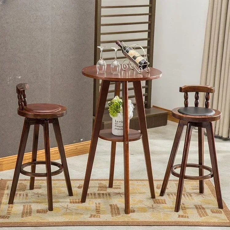 Bar Table Chair Combination VIP Customer Light Luxury Solid Wood Bar Chair Backrest Bar Stool American Front Desk Chair Retro High Stool