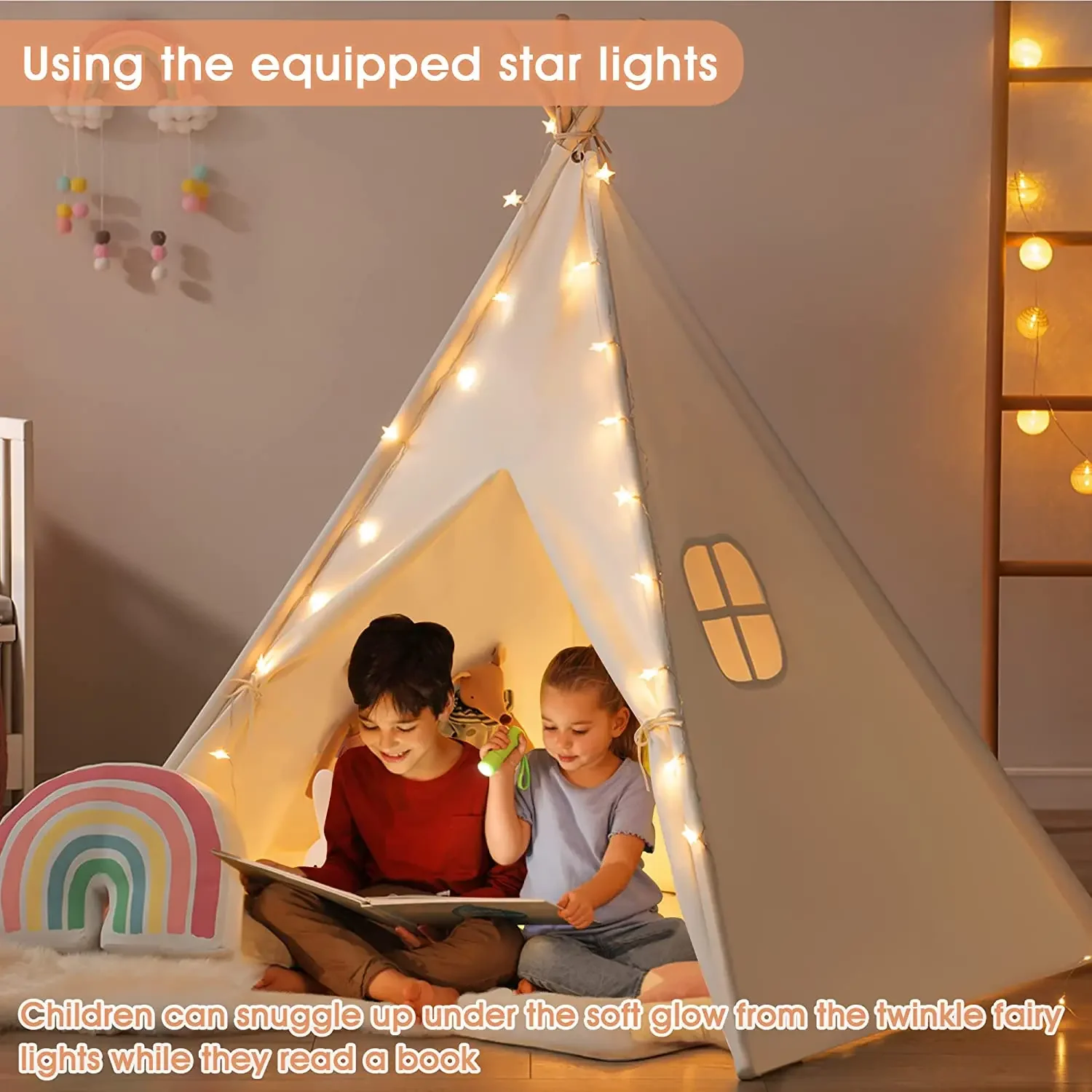 Portable Kids Tent Teepee Tent For Children Tipi Infantil House For Girl Cabana Boy Tents Decoration Carpet LED Lights 5