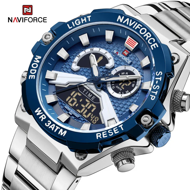 NAVIFORCE Dual Display Digital Male Watch Quartz Dual Display Digital Male Steel Band Waterproof Clock Watches for Men