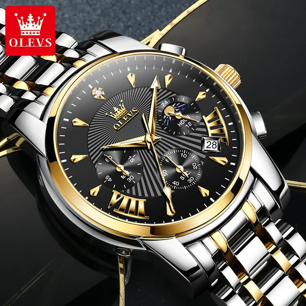 OLEVS Men's Luxury Multifunctional Chronograph Quartz Wristwatch - Waterproof, Luminous, Moon Phase Display