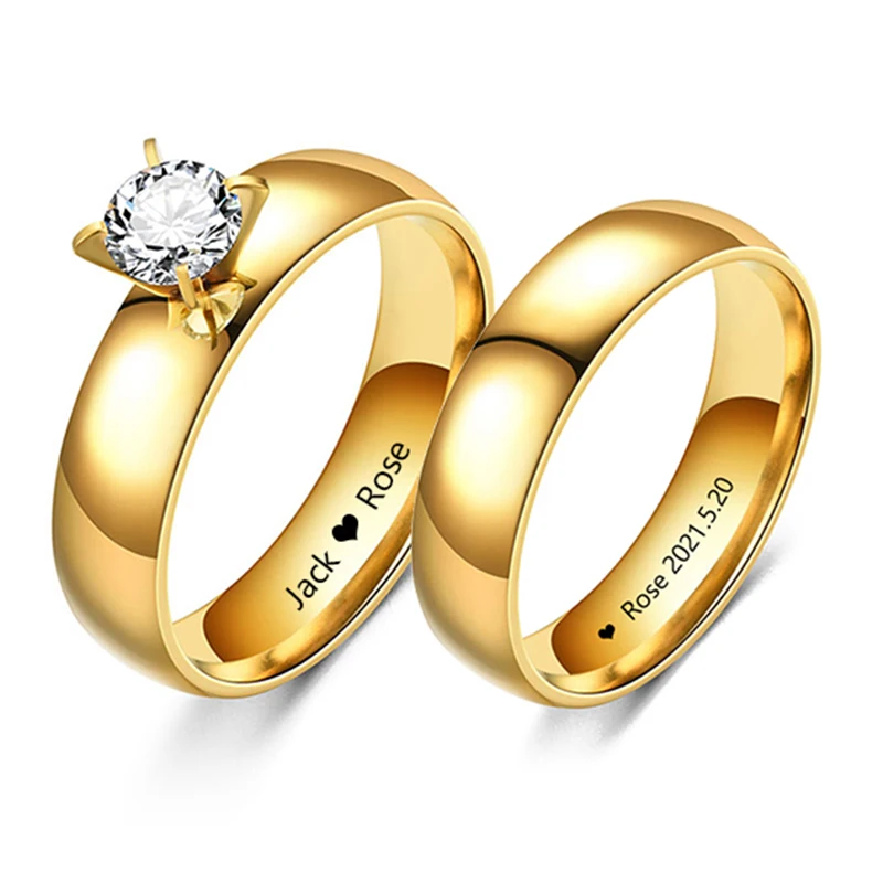 

YWSHK Personalize Engrave Custom Name Big Cubic Zircon Couple Rings Stainless Steel for Men Women Wedding Engagement Jewelry