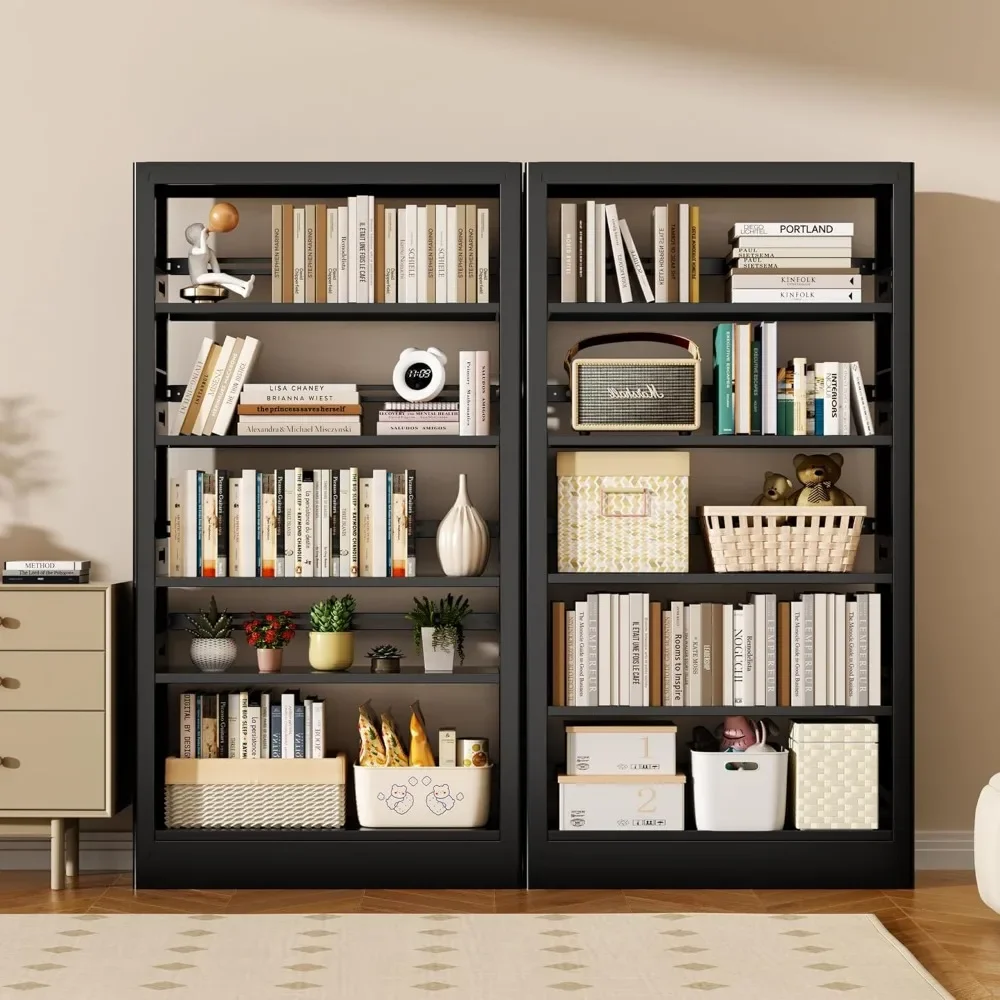 5-Tier Bookcase with Adjustable Storage Shelves, Metal Bookshelf with Book Stopper, Bookcase Shelf for Library, Office 5