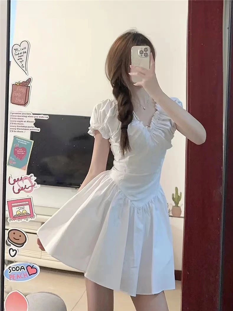 

Dress Women Summer 2024 New French Style Flounced Solid Sleeveless Zipper High Waist V-Neck White Black Dresses