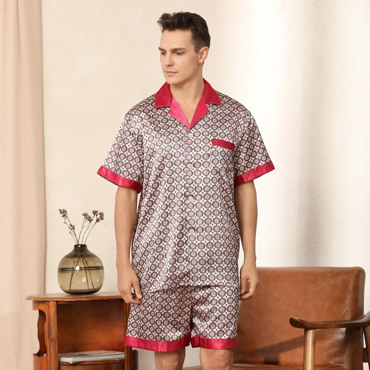European Size Pyjama Men Printed Short Sleeved Shorts Pajamas for Men Set Large Bust Satin Silk Pajamas Sleep Wear Pijamas