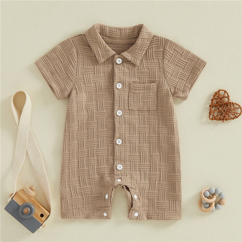 Infant Baby Boy Summer Clothing Toddler Boys Lapel Romper Fashion Solid Color Short Sleeve Button Down Jumpsuits Baby Rompers 3