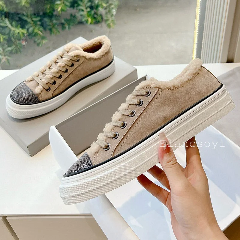 Autumn Winter Real Wool Lining Warm Flat Shoes Women Think Bottom Lace Up Casual Board Shoes Round Toe String Bead Walking Shoes 6