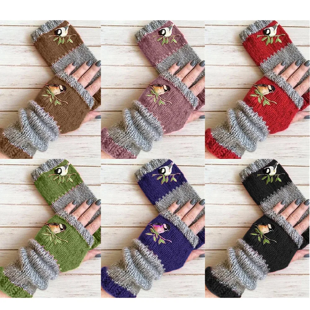 

Winter Women Cycling Gloves Warm Knit Gloves Simple Arm Sleeve Wrist Braces Outdoor Bird Embroidered Fashion Gloves 2023 Hot