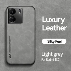 Luxury Magnetic Car Holder Leather Phone Case with Silicone Back Cover for Redmi 13 C (Light grey)