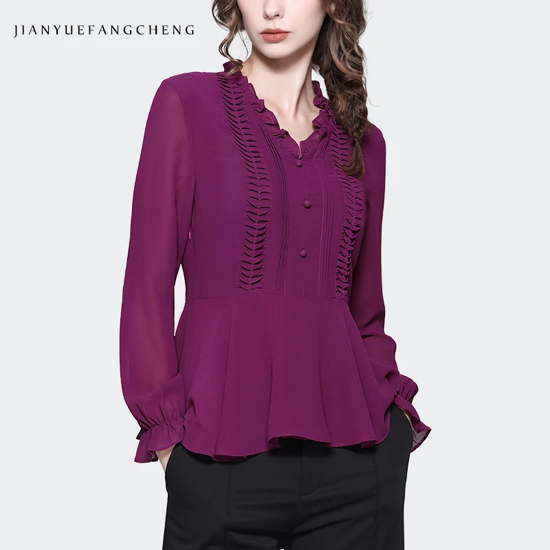 Magenta Ruffle Blouse Magenta Chiffon Top Women' Long Sleeve V-neck Ruffles Blouse 2024 ...