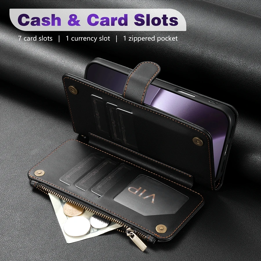 Wallet Multi-card Slot Zipper Kickstand Magnetic Flip Leather Case For iPhone 17 Pro Max 17e Air 16e 15 Plus 14 13 12 11 XR 8 7 5