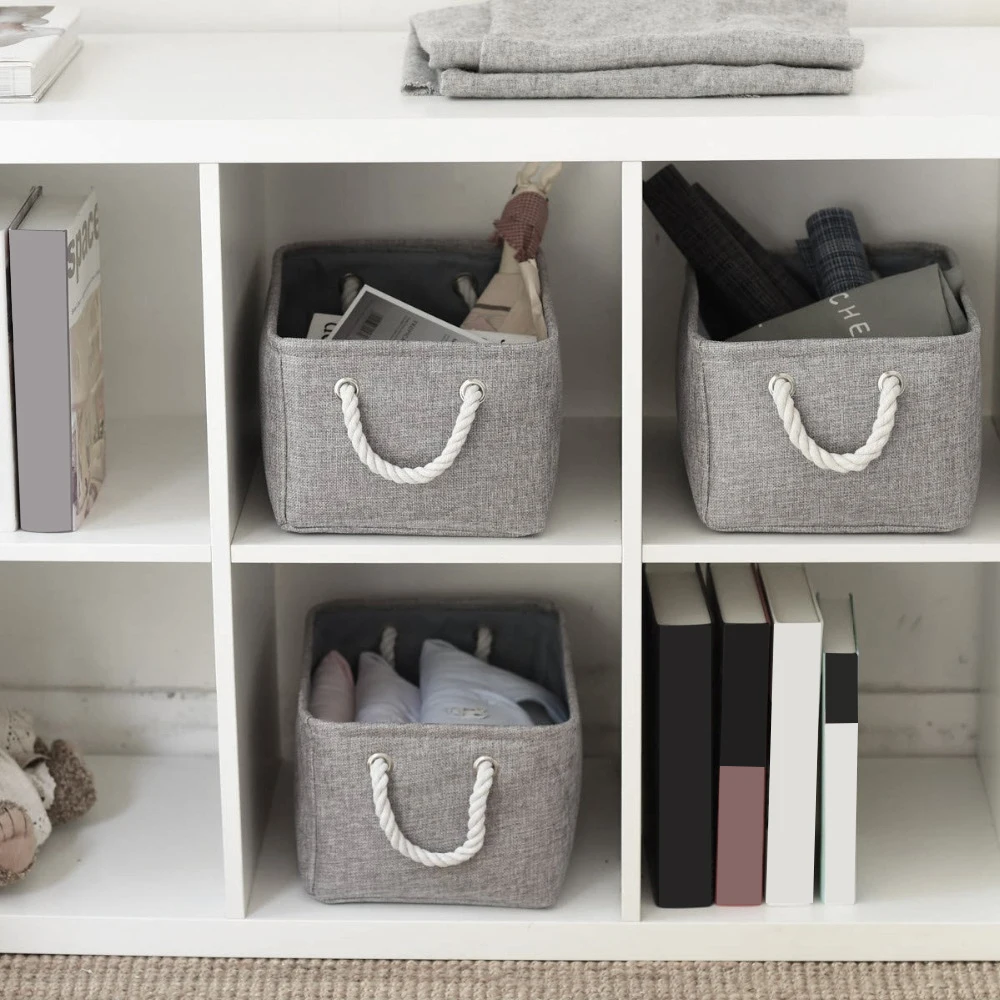 Grey Flax Canvas Folding Storage Baskets for Kids Toys and Laundry