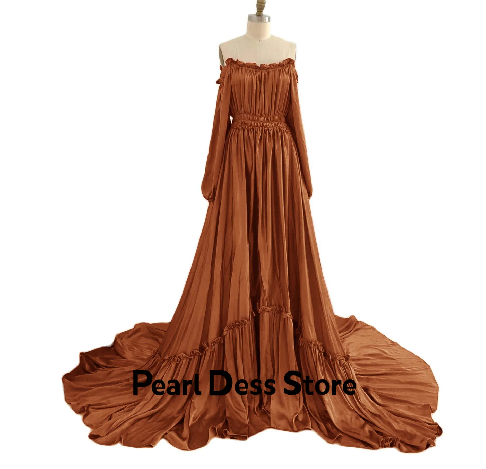 

Pearl Dress Real Photo Red Brown Silk Satin Maternity Robe Long Sleeve Off Shoulder Women's Maternity Dress Photography Ball