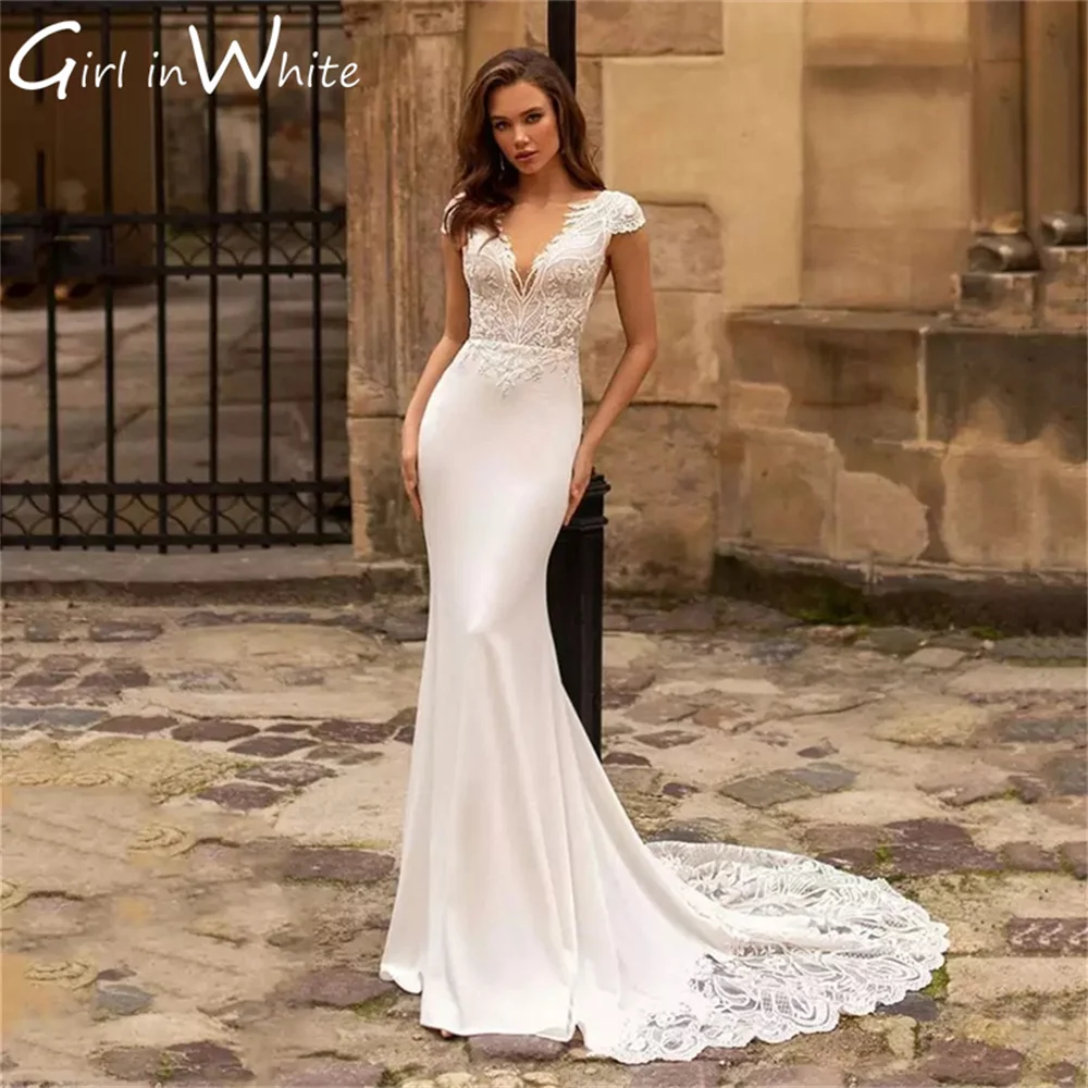 

New Simple Mermaid Cap Sleeves Wedding Dresses V Neck Lace Court Train Bridal Gowns Sexy Backless Bride Robes Vestido De Noiva