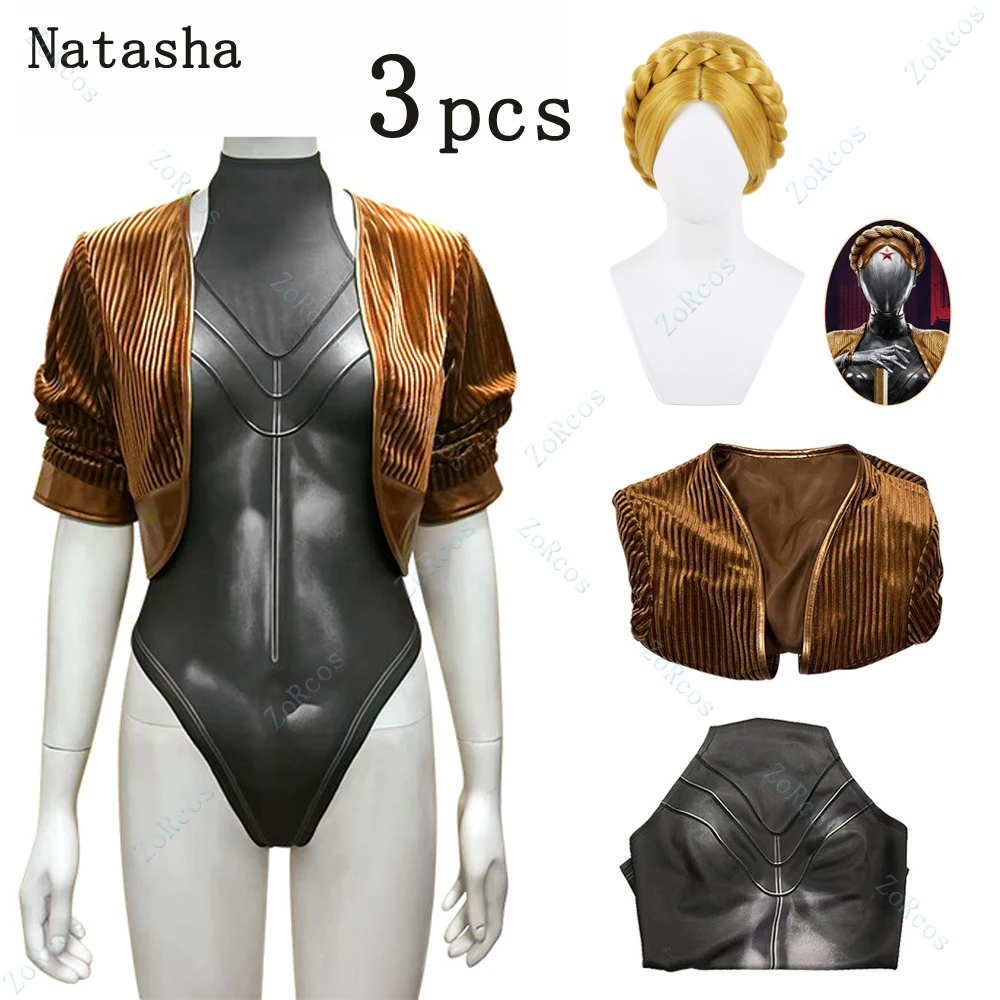 

Game Atomic Heart Natasha Cosplay Costume Wig Twins Dancers Golden Braid Heat Resistant Wig Halloween Jumpsuit Coat For Women