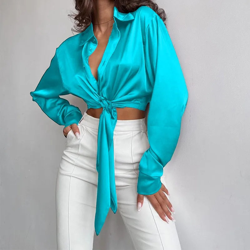 

Ladies Crop Top 2023 Autumn New Fashion Turn Down Collar Long Sleeve Leaky Umbilical Short Women's Knotted Blouse Tops Femme