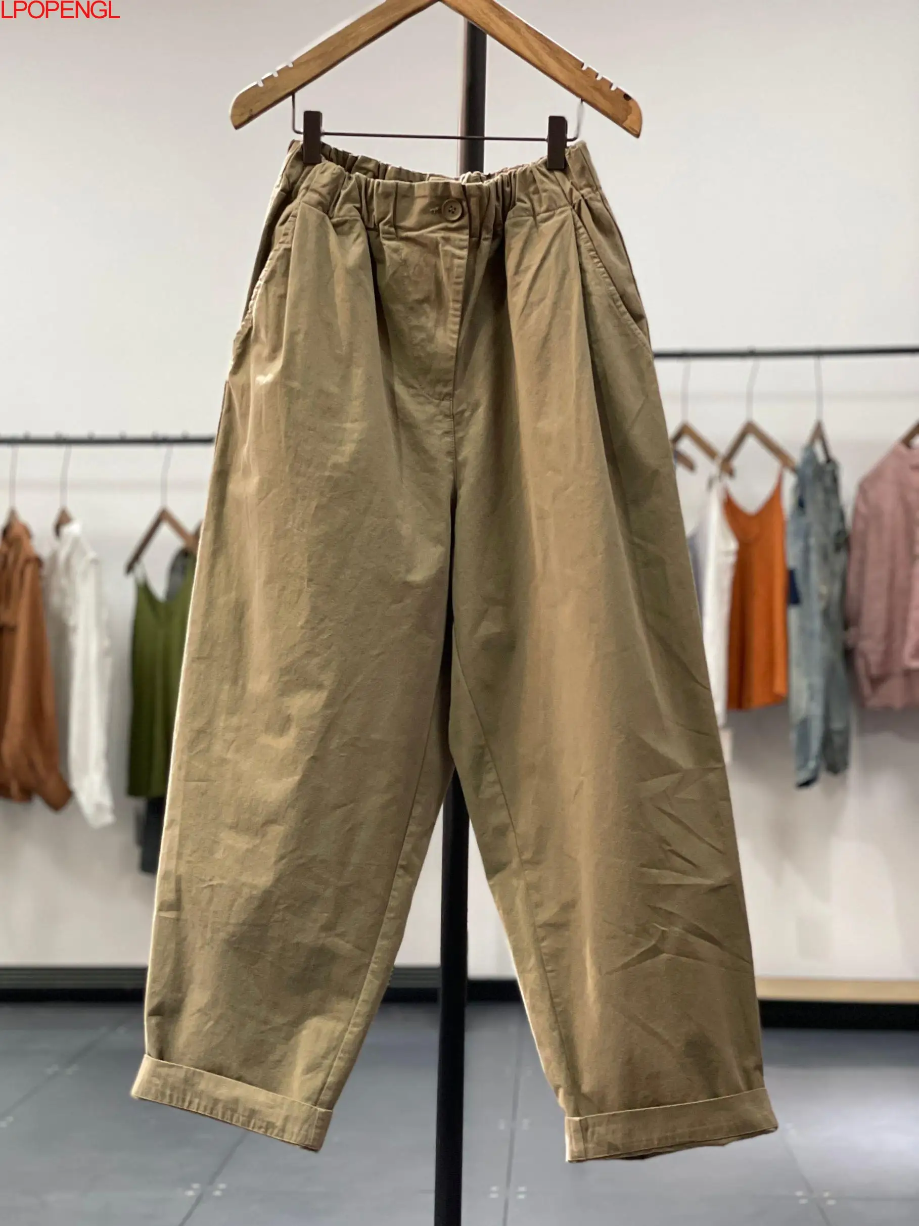 Spring And Summer New Literary And Artistic Elastic Waist Solid Color Casual  Women's Loose Straight Leg Thin Nine-point Pants