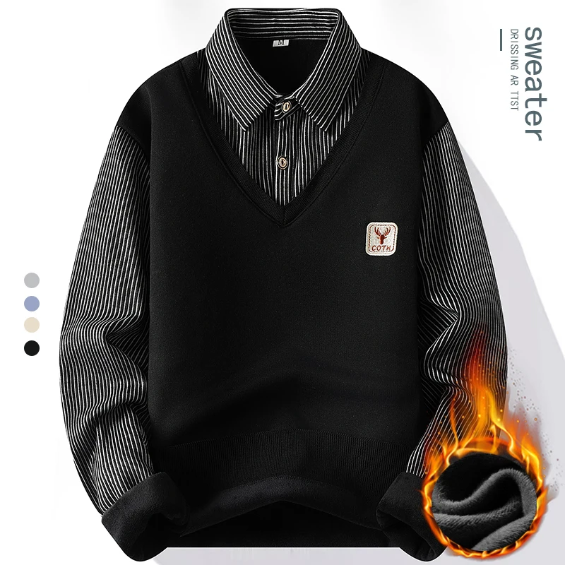 Male Fleece Polo Shirt Men's Pullover Autumn Winter T-shirt Collar Sweaters Cold Blouse Navy Blue Khaki Korean Clothing 2