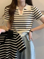 Slim Fit Striped ort Sve V-Ne Knitwear Women's Summer Faion Design Sweet Cool Top Commute Sle Korean Version
