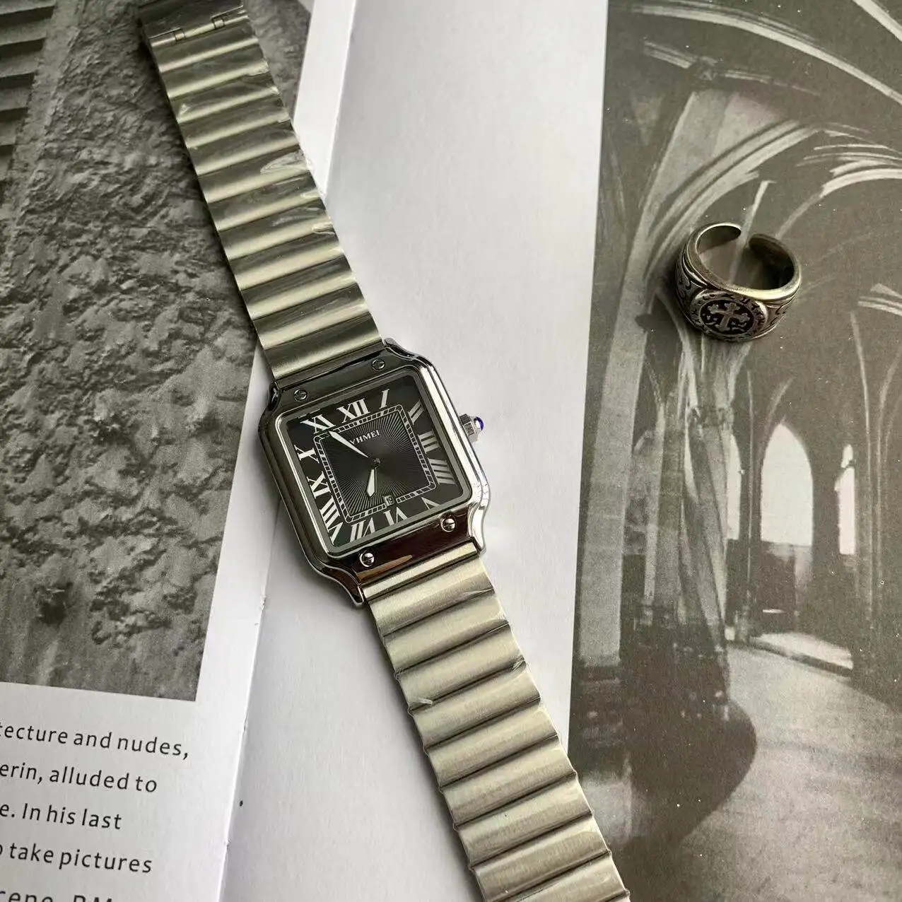 Luxury Watch for Men Square Rectangle Reloj Sliver Orologio Black Leather Strap Stainless Steel Quartz Wristwatch Male Man Clock