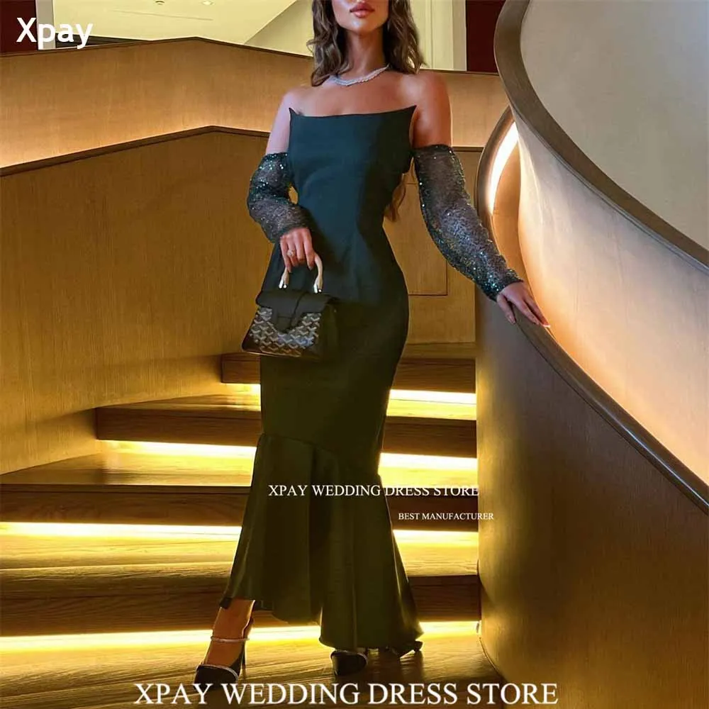 

XPAY Emerald Green Mermaid Evening Dresses Arabic Strapless Remove Long Sequined Sleeve Prom Gown Beading Special Occasion Dress