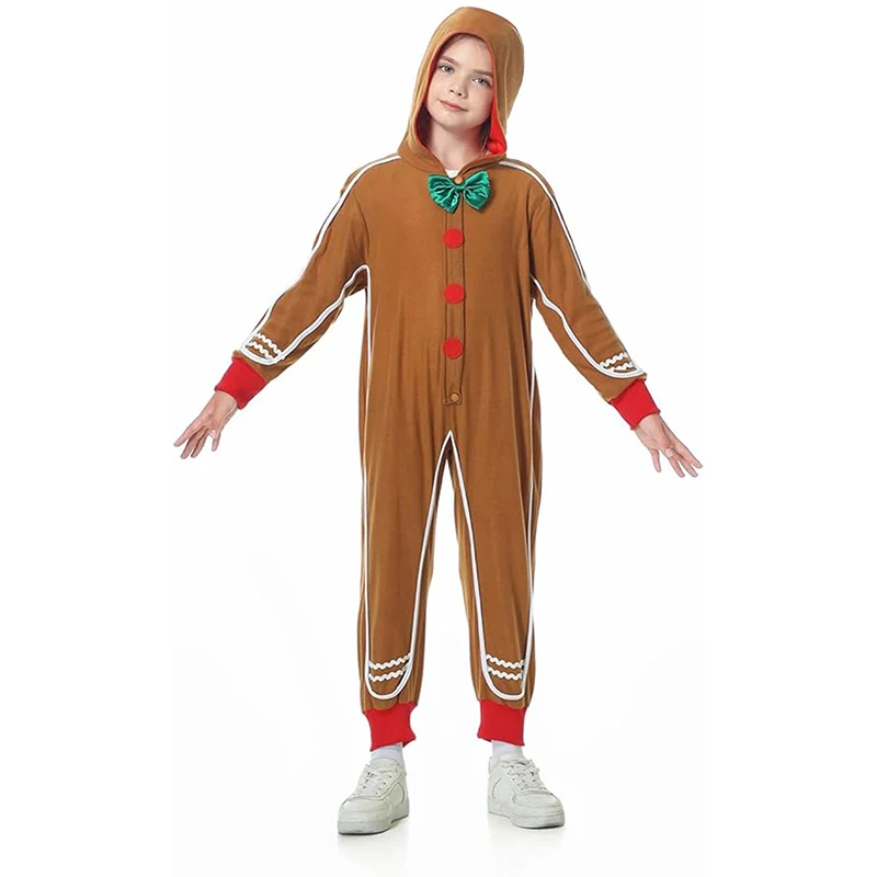 Kids Christmas Gingerbread Man Costume Deluxe Long Sleeve Bowtie Jumpsuit Holiday Cosplay Outfit with Hat and Shoes 5