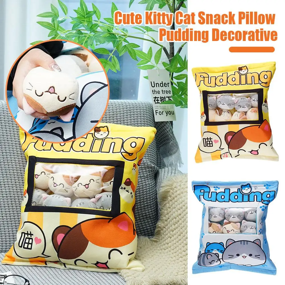 Almohada con cremallera para aperitivos de gato, bolsa de pudín, juguete de comida, Mini bolas de animales, bolsa de aperitivos de gato amarillo, cojín de decoración para niñas