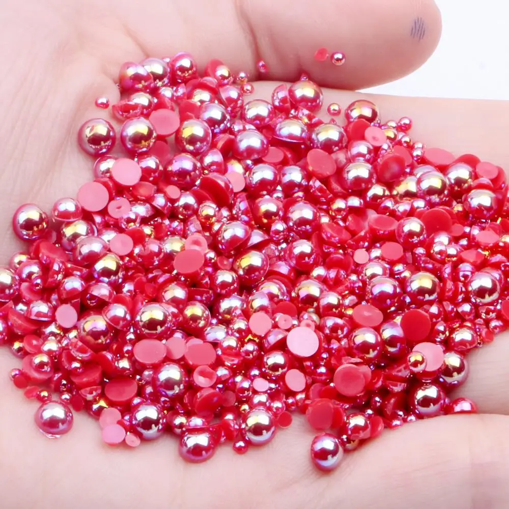 

1.5-12mm Red AB Half Round Craft ABS Resin Pearls Flatback Glue On Beads Gems Appliques For Clothing Bags Shoes DIY Decorations