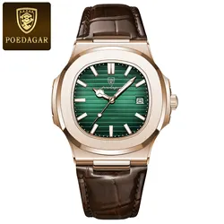 Luxury Square Men's Watch - Date, Waterproof, Luminous, High-Quality Leather Quartz Wristwatch with Box (613RoseGoldGreenL)