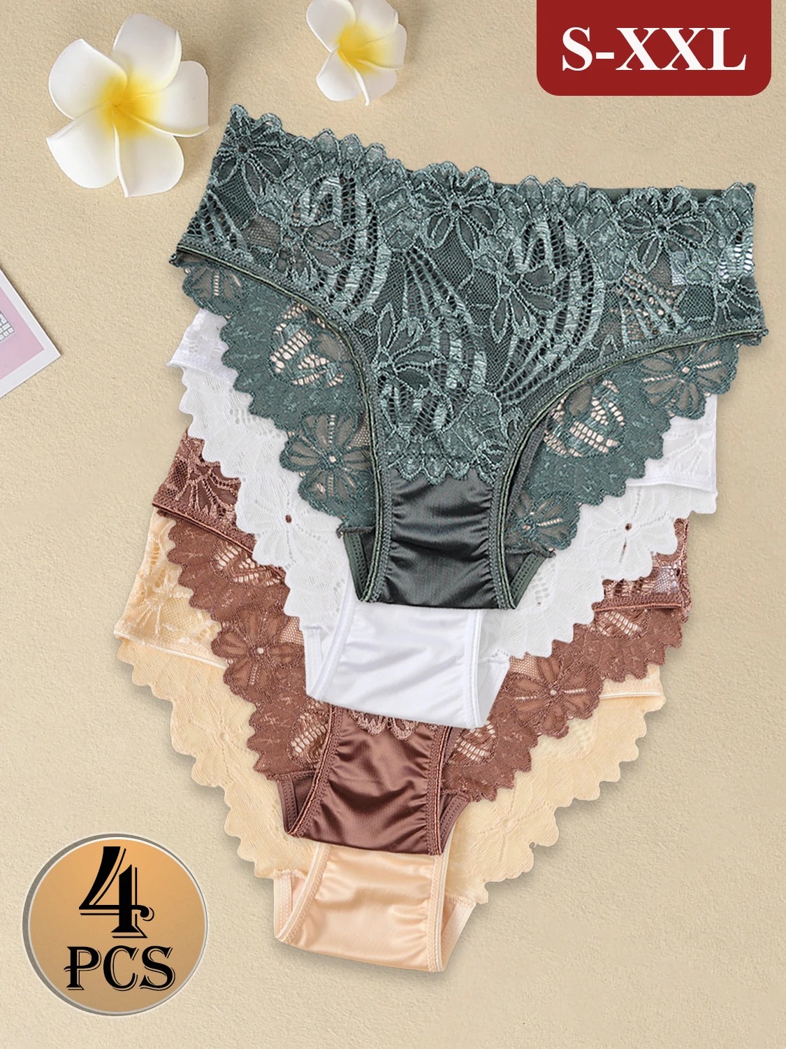 Women Satin Panties - Elegant Mid-Rise Lace Underwear Briefs with Floral Design