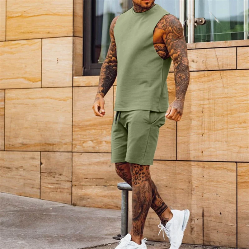 Men's Solid Color Simple Two-piece Sets Casual Thin Section Lace-up Five-piece Pants Sleeveless Tops Summer Sports Male Suits 23 men s sports suit summer and white stripe printing tracksuit casual short sleeves fashion t shirt pants set male clothes