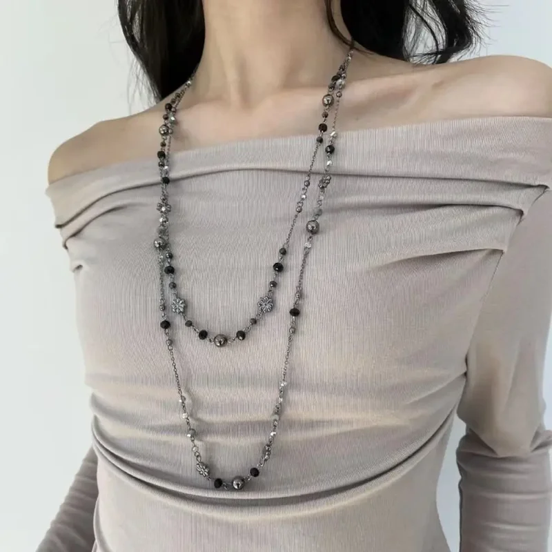 Bohemian Double-layer Flower Necklace Long Beaded Sweater